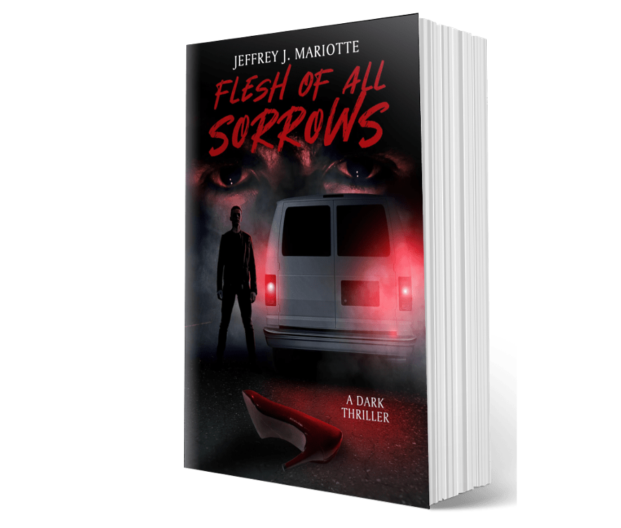 Book cover featuring a man standing beside a white van, with a woman's high-heeled shoe in the foreground.