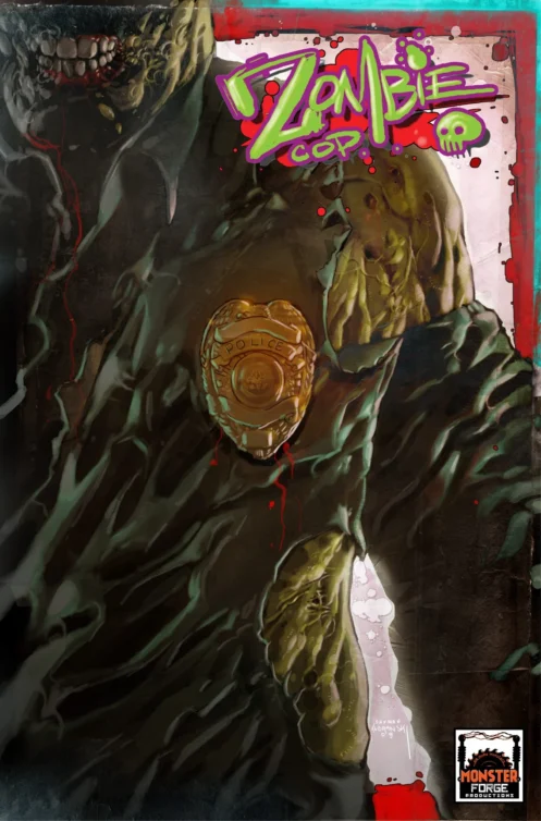 Zombie cop cover showing a zombie in a police uniform and badge