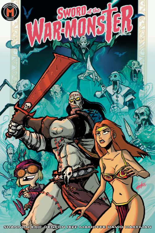 Graphic novel cover featuring a monster hero with a huge red sword, a maiden, and a young boy, surrounded by monsters