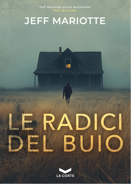 The Italian cover of the translated Flesh of All Sorrows, titled Le Radicio del Buio in Italian. It shows an armed man approaching a spooky farmhouse with a light glowing in one window.